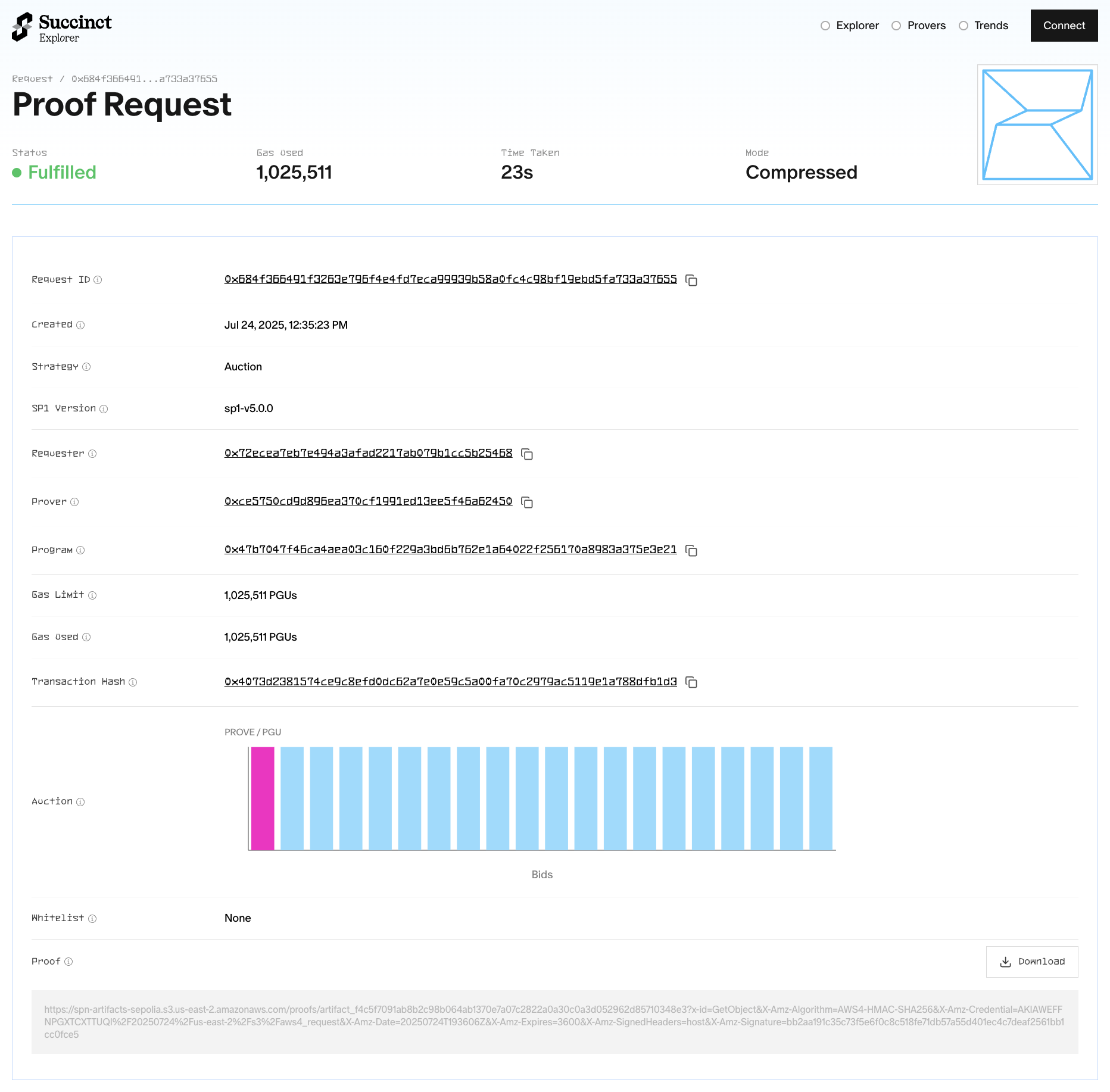 Screenshot from the Succinct Explorer showing the details of a proof