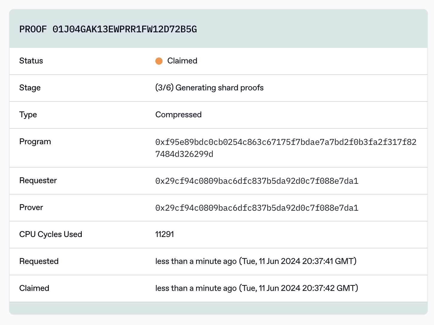 Screenshot from explorer.succinct.xyz showing the details of a proof including status, stage, type, program, requester, prover, CPU cycles used, time requested, and time claimed.