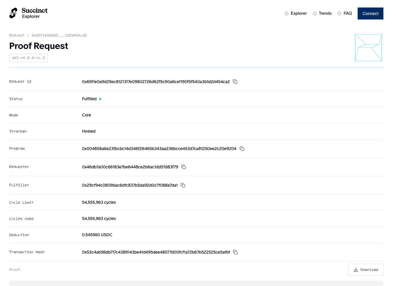 Screenshot from network.succinct.xyz showing the details of a proof.